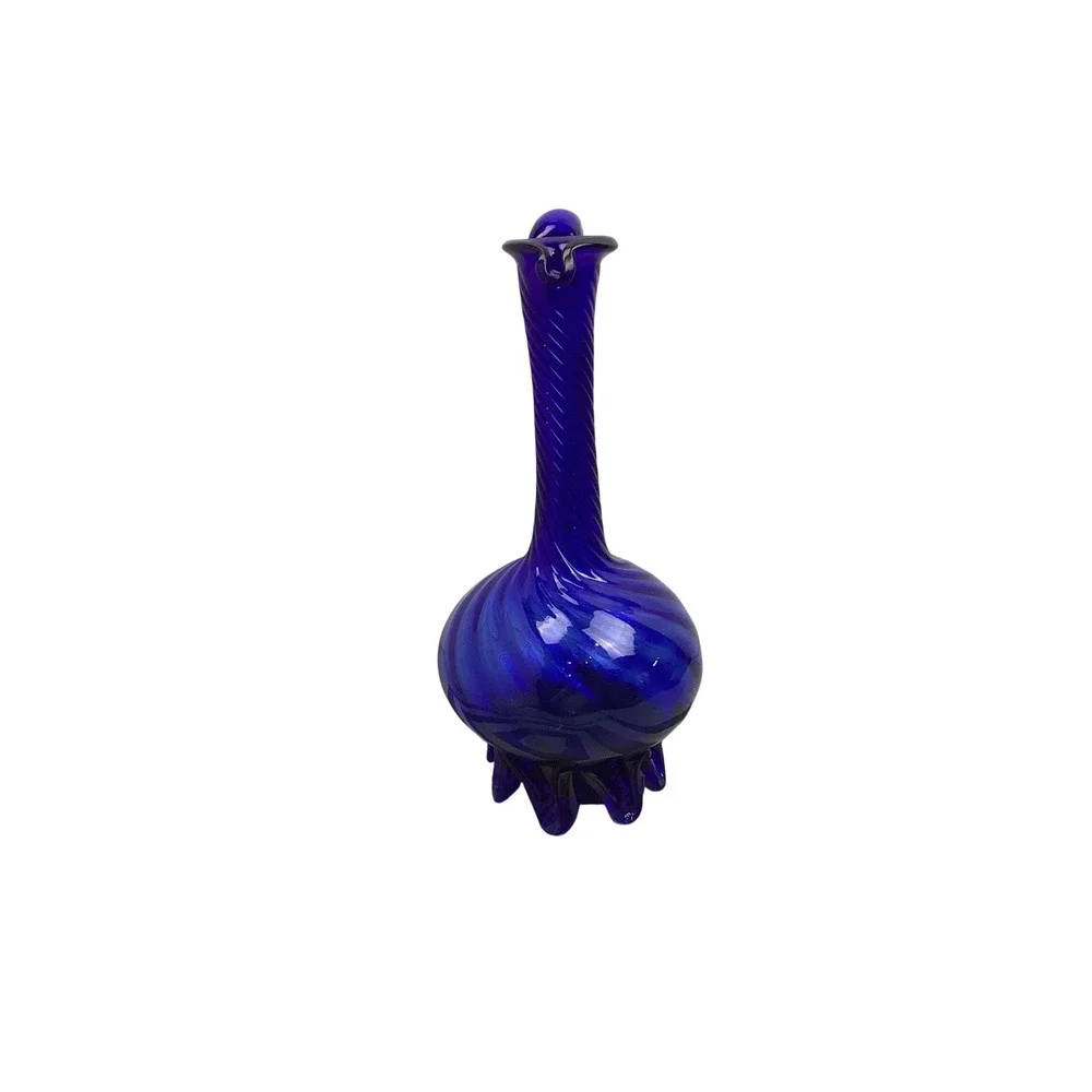 Vintage MCM Empoli Italy Cobalt Blue Art Glass Ewer Optic Swirl Rigaree Base Lg